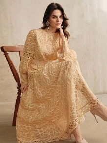 Anewsta Elegant Belted Lantern Sleeve Long Dress For Women - Orange - View 7