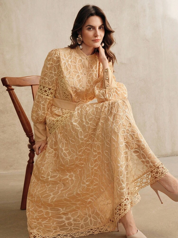 Elegant Belted Lantern Sleeve Long Dress For Women