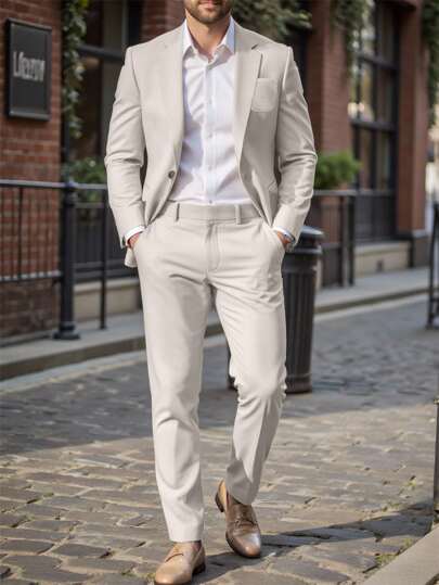 Manfinity Mode 男士浅灰色休闲V领加大码西装，春夏