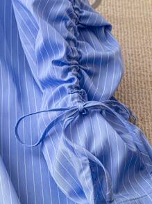 SHEIN LUNE Women's Vertical Stripe Long Sleeve Pleat Single-Breasted Casual Shirt, Summer Fall Cloth For Women - Blue - View 5