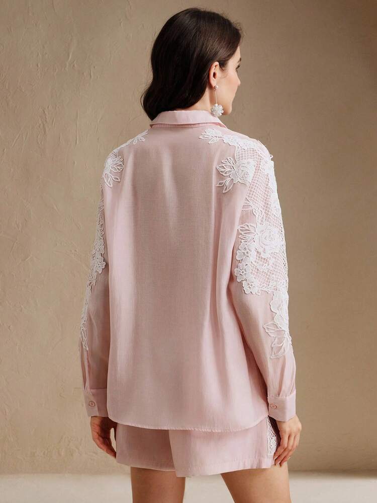 2pcs Elegant Rose Applique Design Loose Long Sleeve Shirt Set For Women