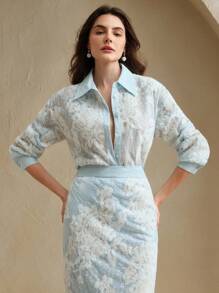 Anewsta Set de 2 piezas: Camisa de manga larga con bloques de color y textura, y falda midi evasé con dobladillo dividido - Azul - Ver 3