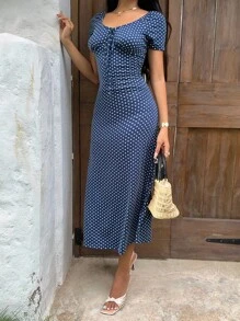 Sunnyshic 女士波尔卡圆点印花系带短袖修身连衣裙 - 藏蓝色 - 查看 7