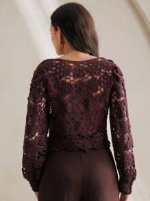 Anewsta Capa de Tricô Assimétrica com Decote Quadrado e Bainha Vazada, Suéter de Tricô para Outono e Inverno - Red Plum - Visão 5