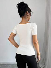 SHEIN Clasi Women's Rib-Knit Apricot Knit Top Notched Neckline Short Sleeve Casual Summer Top For Women - Apricot - View 2