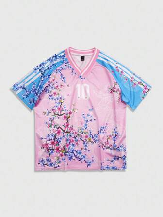 Street Life Men's Floral Print V-Neck Solid Color Short Sleeve T-Shirt, Summer