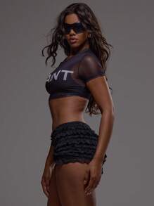 MUSERA 网眼标语上衣印花T恤 冬季派对 春夏 - 黑色 - 查看 4