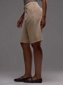 MUSERA 低腰修身长款短裤，配有腰带环细节，夏季可爱度假风，90年代优雅秋季返校季时尚休闲复活节 - 卡其色 - 查看 4