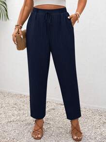 SHEIN PETITE CURVE Plus Size Vacation Solid Color Knotted Casual Pants With Pockets Navy Blue Pants Women Casual Pants Women Summer Pants Drawstring Pants Women Trousers