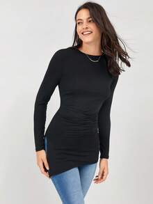 Miaspire 女式黑色天鹅绒褶皱开叉修身T恤，适合秋季女装 - 黑色 - 查看 4