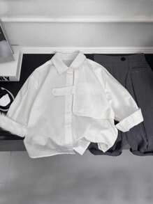 SHEIN Tween Boy Casual Solid Color Long Sleeve Shirt, Autumn - White - View 6
