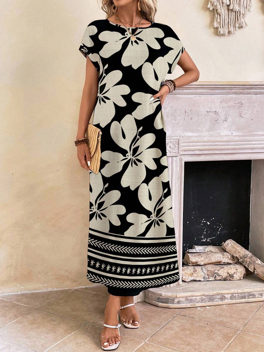 EMERY ROSE Vestido casual minimalista preto e damasco com listras geométricas e estampa floral, versátil para mulheres, adequado para o verão e férias