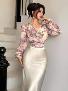Modelyn Áo cánh Chiffon họa tiết hoa thanh lịch lãng mạn cho nữ, Xuân/Hè - Màu be - Xem 6