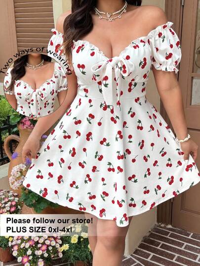 SHEIN EZwear Vestido corto de manga corta con hombros descubiertos y estampado de cerezas, talla grande - Vestido casual elegante para invitada a boda, vacaciones y paseos