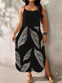 EMERY ROSE Summer Vacation Plus Size Dress With Almond Leaf Print, Suitable For Holiday Boho Suitable For Going Out,Holiday Outfits For Women - Multicolor - View 5