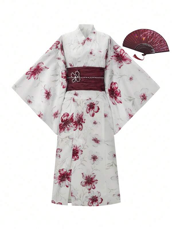Irokai 日本传统女士蓝色印花和服浴衣