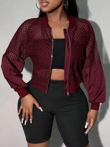 SHEIN SXY Women's Sheer Sleeve Patchwork Cropped Baseball Jacket In Fall/Winter - Burgundy - View 5