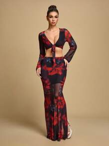 TrendSteals Summer Floral Print Mesh Patchwork A-Line Skirt Fall Women Clothes Back To School - Black - View 5