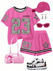 SHEIN Leap Crew 青少年女孩休闲简约短袖 T 恤和短裤两件套，夏季 - 彩色 - 查看 2