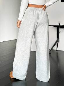 SHEIN EZwear Plus Size Casual Drawstring Waist Loose Straight Leg Knit Pants - Light Grey - View 2