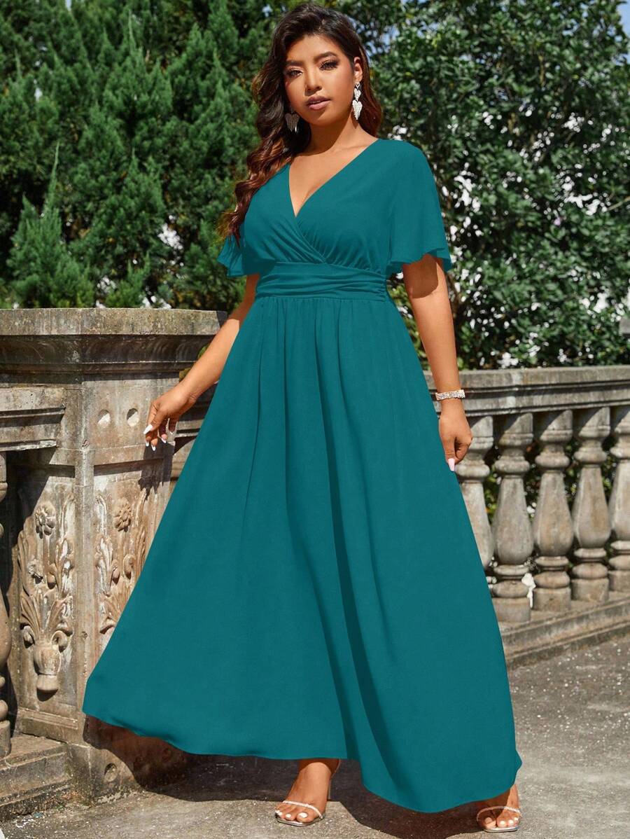 Cravure Gaun Panjang Ukuran Besar Warna Polos yang Melangsingkan Pinggang, Cocok untuk Pakaian Maxi Wanita Natal - Teal Blue - View 1