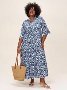 Comfylo Plus Size Women Holiday Casual Allover Print Notched Neck Flared Sleeve Long Dress For Summer - Blue and White - View 3