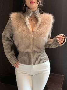 DAZY Thick Knitted Faux Fur Patchwork High Collar Zip-Up Cardigan Jacket For Women, Autumn/Winter