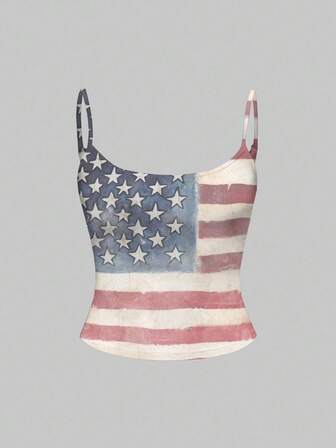 Grunge Punk Débardeur imprimé drapeau USA pour femmes, Jour de l'Indépendance