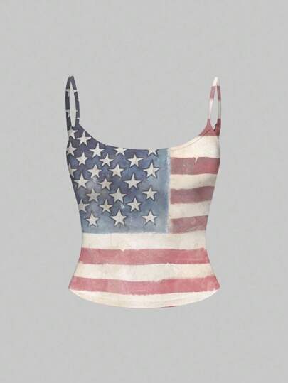 Grunge Punk USA Flag Print Sleeveless Top For Women, Independence Day