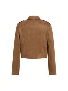 Ellevyn Women Fashion Lapel Collar Zipper Suede Fleece Short Jacket, Autumn Fall Women Clothes  Jacket - Khaki - View 8