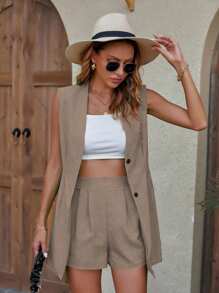 SHEIN Tall 女士休闲套装 2 件套：背心夹克和阔腿短裤，时尚休闲通勤装，春夏 - 摩卡棕 - 查看 4