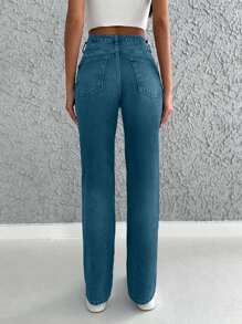 SHEIN Cottnline Solid Color Pockets Casual Straight Leg Jeans - Teal Blue - View 2