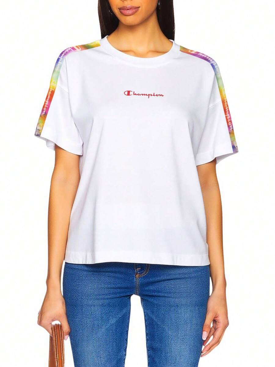 Champion Áo thun nữ cổ tròn tay ngắn in chữ đơn giản - trắng - Xem 1