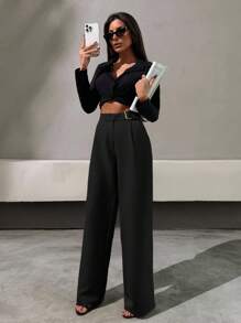 SHEIN Elegant Style, Half Faux Leather Belt Detailed Straight Fit Pant