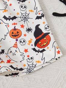 男童休闲时尚万圣节卡通鬼魂和南瓜印花短袖衬衫和短裤睡衣套装