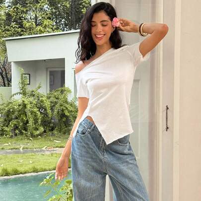 오프숄더 무지 비대칭 헴 여름 패셔너블 반팔 티셔츠