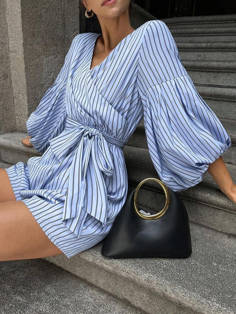 Women's V-Neck Striped Blouse, Loose Lantern Sleeve, Contrast Color Side Seam Bow Jumpsuit, Resort Style, Autumn Romper Lounge Sets For Women