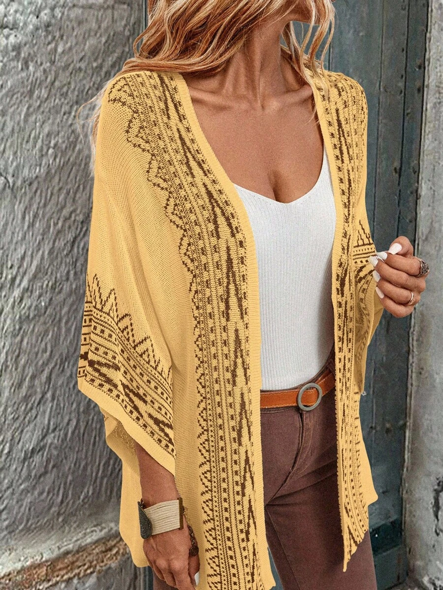 SHEIN LUNE Damen Boho-Stil Geometrisches Muster Dolman Ärmel Locker Dünner Cardigan