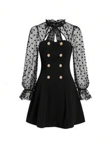 Gownix Women Black Polka Dot Autumn 70s Retro Vintage Elegant Party Dress,Contrast Color Mesh Bell-Sleeve Sheer Turtleneck Tie Front Homecoming Outfits - Black - View 6