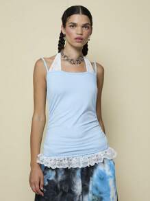 COUREZ Overlay Jersey Cami Top With Lace Detail /Y2K Vacation Outfits Women Women Women's Winter Clothes Going Out Outfits Cute