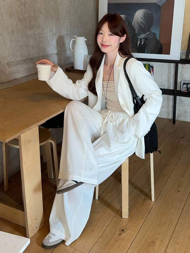 2Pcs Set Women Casual Loose Solid Color Top And Pants, Lapel NeckLong Sleeve