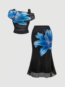 SHEIN MOD 1 套加大码网眼花卉印花不对称领口上衣和网眼鱼尾裙，假日装