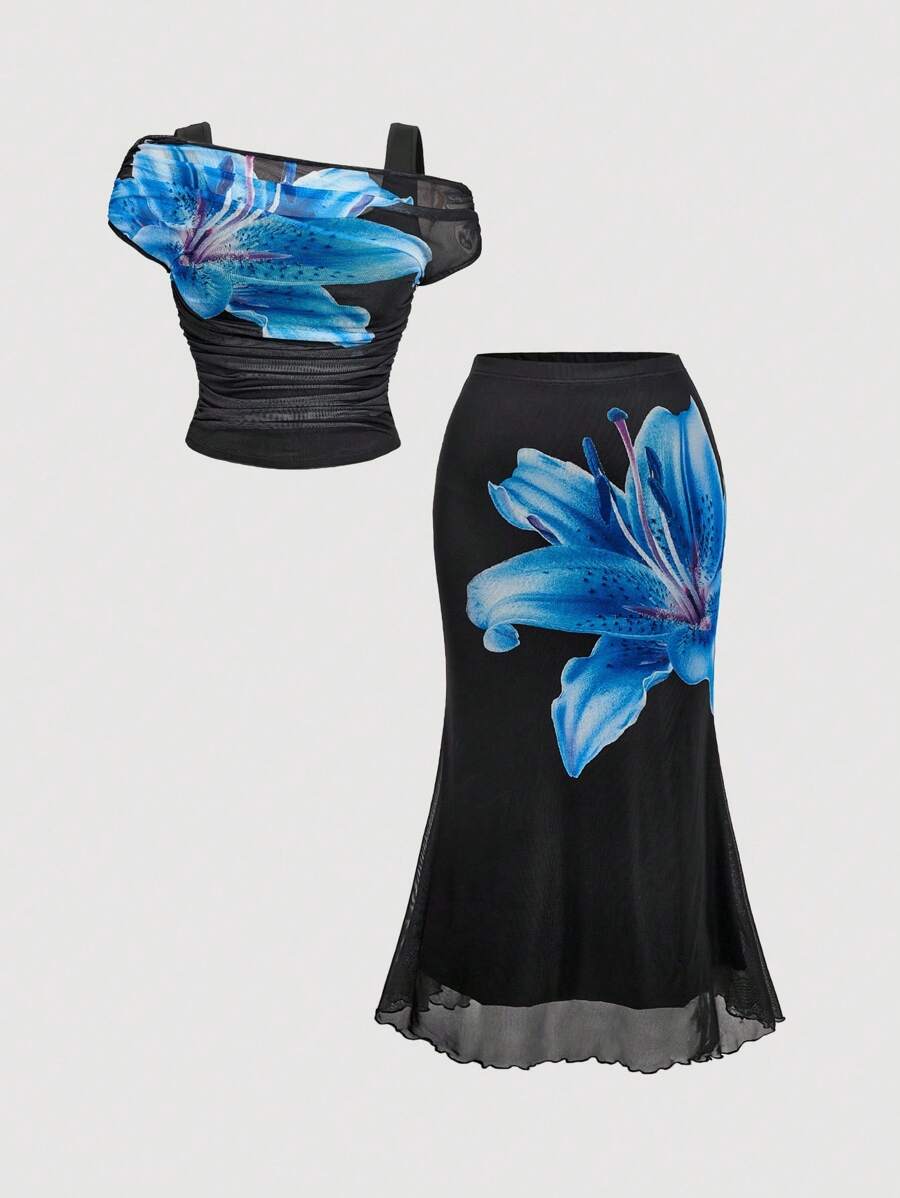 SHEIN MOD 1 套加大码网眼花卉印花不对称领口上衣和网眼鱼尾裙，假日装