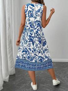 SHEIN LUNE Große Größen Ärmellose A-Linien Lässig Kleid mit Allover-Muster für Damen, Sommer Urlaubsoutfit Frau Boho Strandoutfit für Frau, Urlaubsoutfits Frühling & Sommer Lässig Urlaub Bohemien Porzellan-Muster Ärmellos knöchellang Kleid für berufstätige Lässig Frau - Blau-Weiß - Übersicht 2