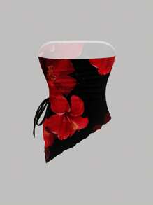 SHEIN MOD 女士休闲碎花不对称下摆抹胸上衣，不对称下摆，抽绳系带，侧开衩，红色碎花印花，适合夏季外出穿着 - 彩色 - 查看 2