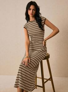 Poéselle Women's Casual Striped Round Neck Dress, Summer - Brown - View 2