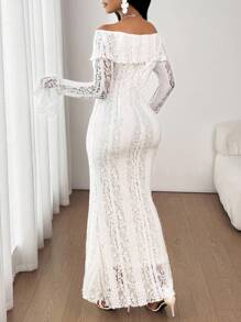 SHEIN Lady White Lace Off-Shoulder Form-Fitting Slim Long Bodycon Dress,Fall Wedding Guest Dress - White - View 3