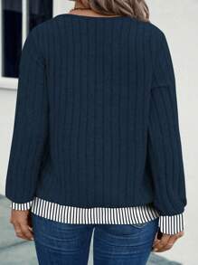 EMERY ROSE 大码女式V领撞色罗纹边饰柔软罗纹针织套头卫衣，秋冬季