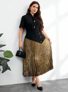 Modelyn Váy xếp ly thanh lịch tông vàng cao cấp cho nữ cỡ lớn - Vàng - Xem 5