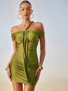 Hauture Vestido mini verde pistacho de verano para mujer, sexy, con hombros descubiertos, tirantes de cuerda y pliegues - Verde - Ver 5
